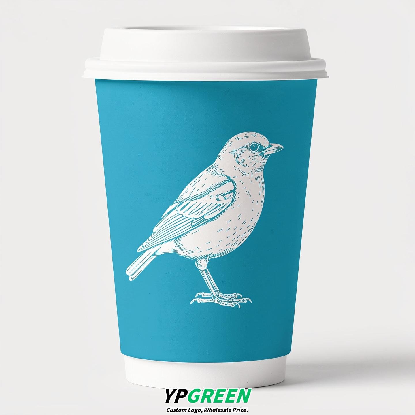 Cyan Paper Cups with Bird Logo & Lids 8-24oz