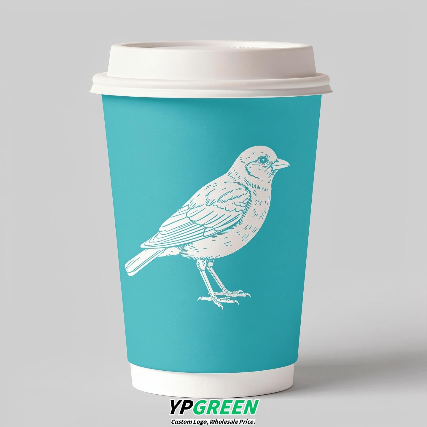 Cyan Paper Cups with Bird Logo & Lids 8-24oz