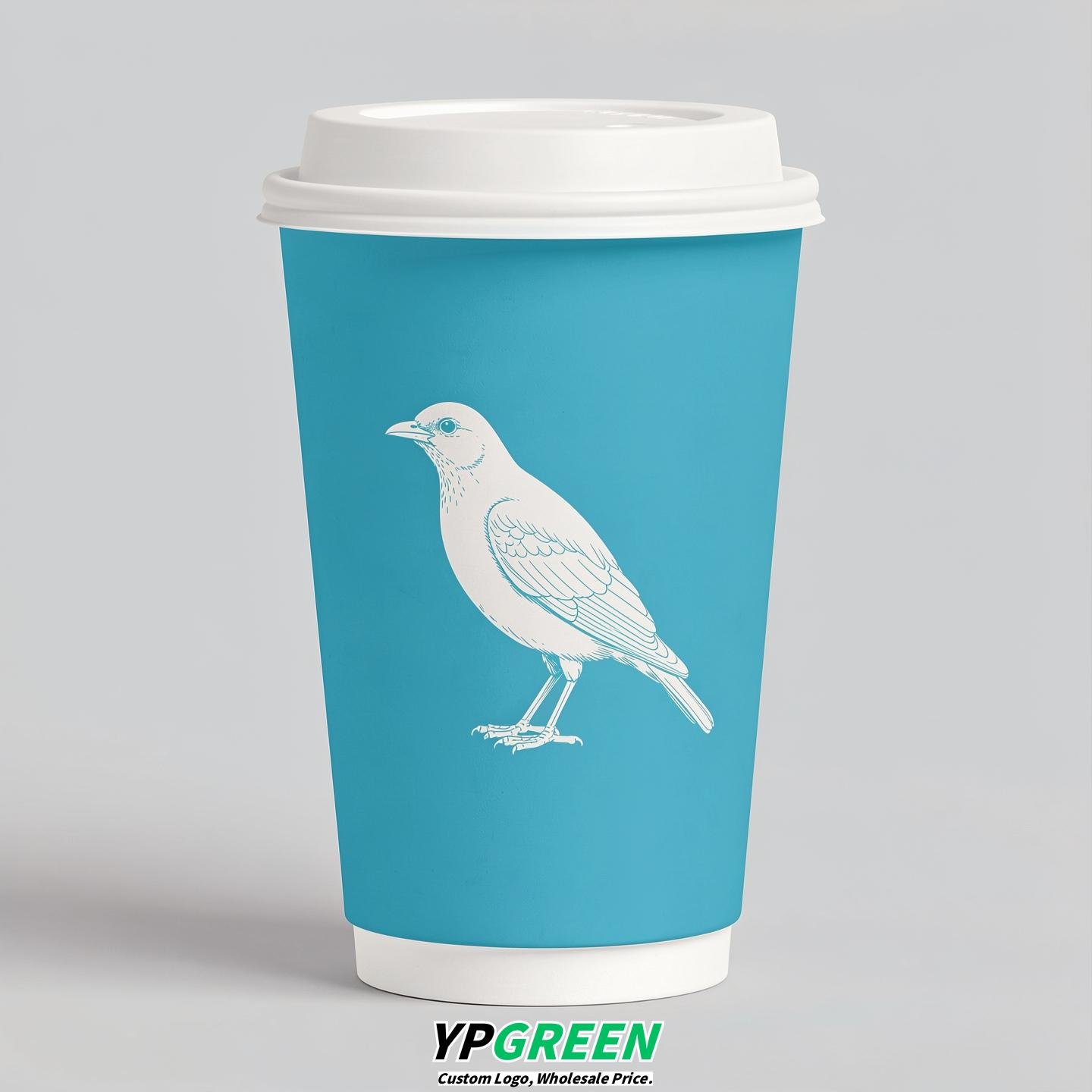 Cyan Paper Cups with Bird Logo & Lids 8-24oz