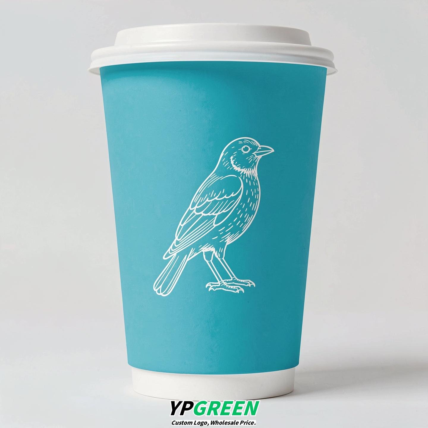 Cyan Paper Cups with Bird Logo & Lids 8-24oz