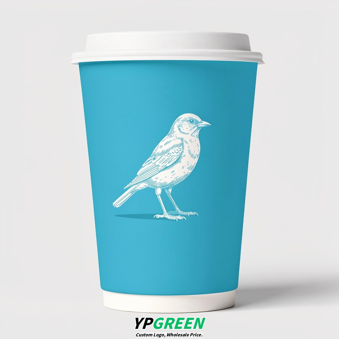 Cyan Paper Cups with Bird Logo & Lids 8-24oz