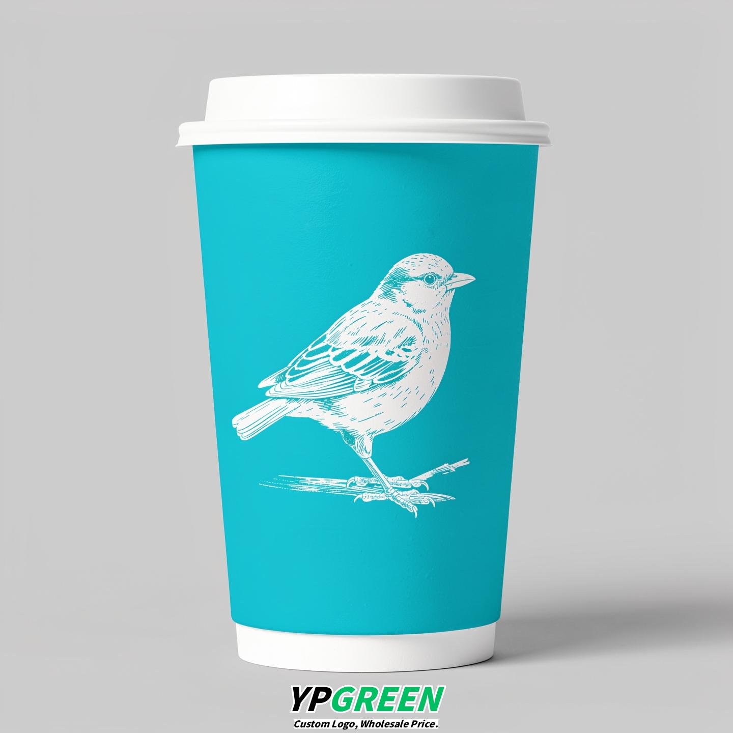 Cyan Paper Cups with Bird Logo & Lids 8-24oz