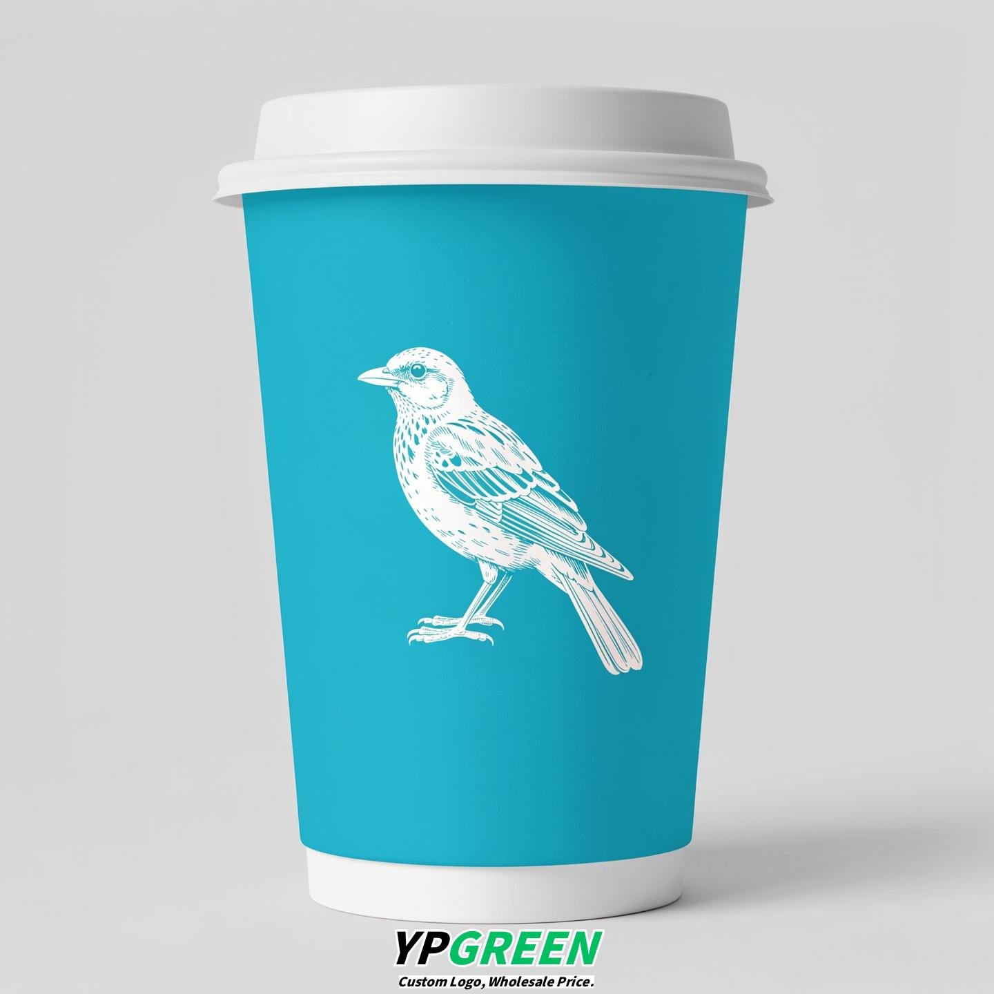 Cyan Paper Cups with Bird Logo & Lids 8-24oz