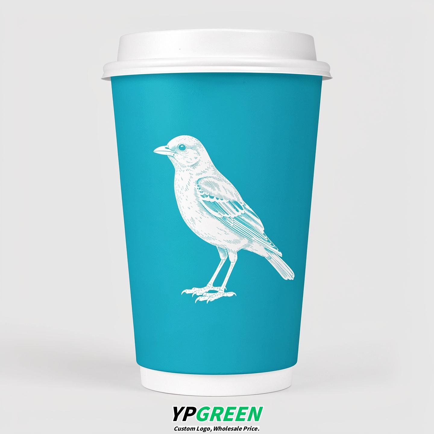Cyan Paper Cups with Bird Logo & Lids 8-24oz