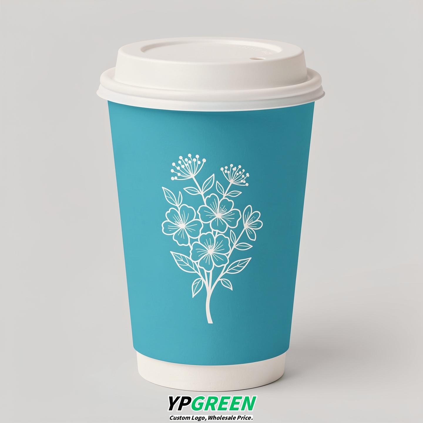 Cyan Floral Paper Cups with Lids 8-24oz