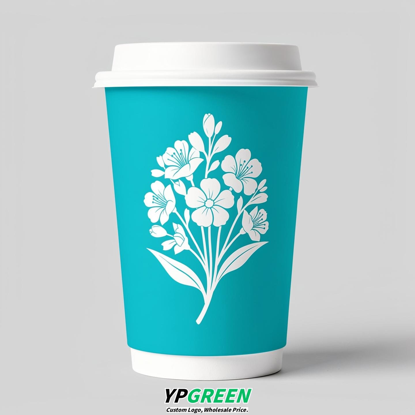 Cyan Floral Paper Cups with Lids 8-24oz