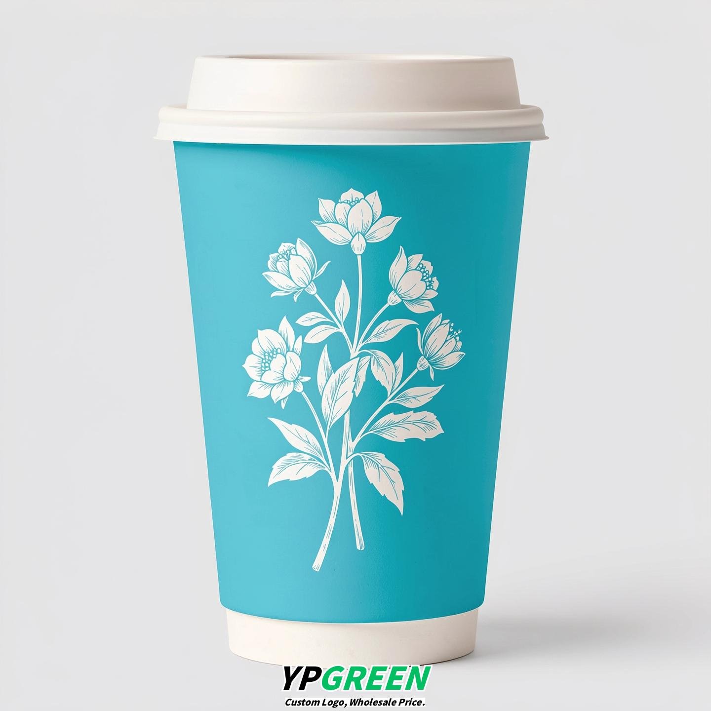 Cyan Floral Paper Cups with Lids 8-24oz