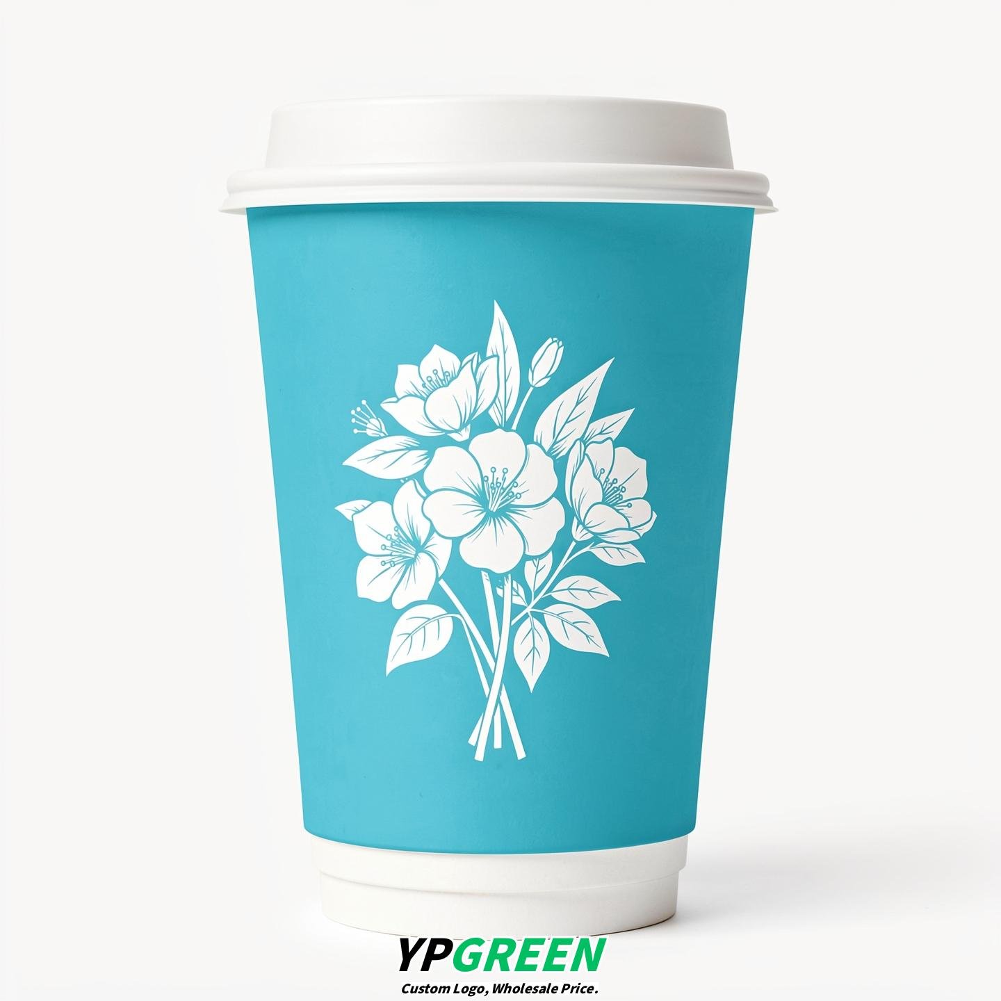 Cyan Floral Paper Cups with Lids 8-24oz
