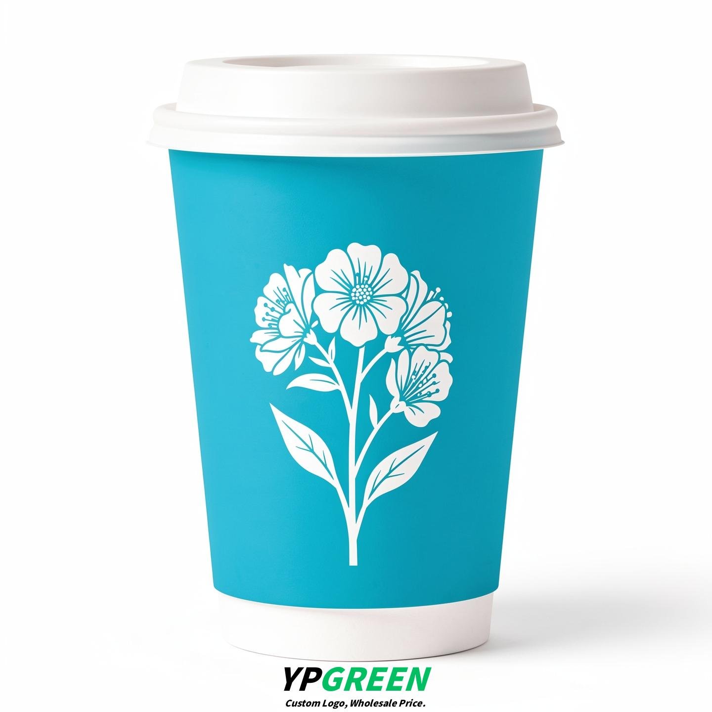 Cyan Floral Paper Cups with Lids 8-24oz
