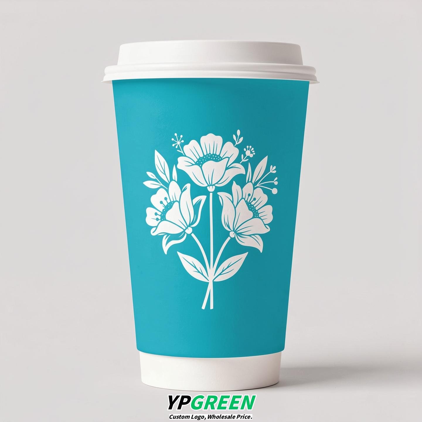 Cyan Floral Paper Cups with Lids 8-24oz
