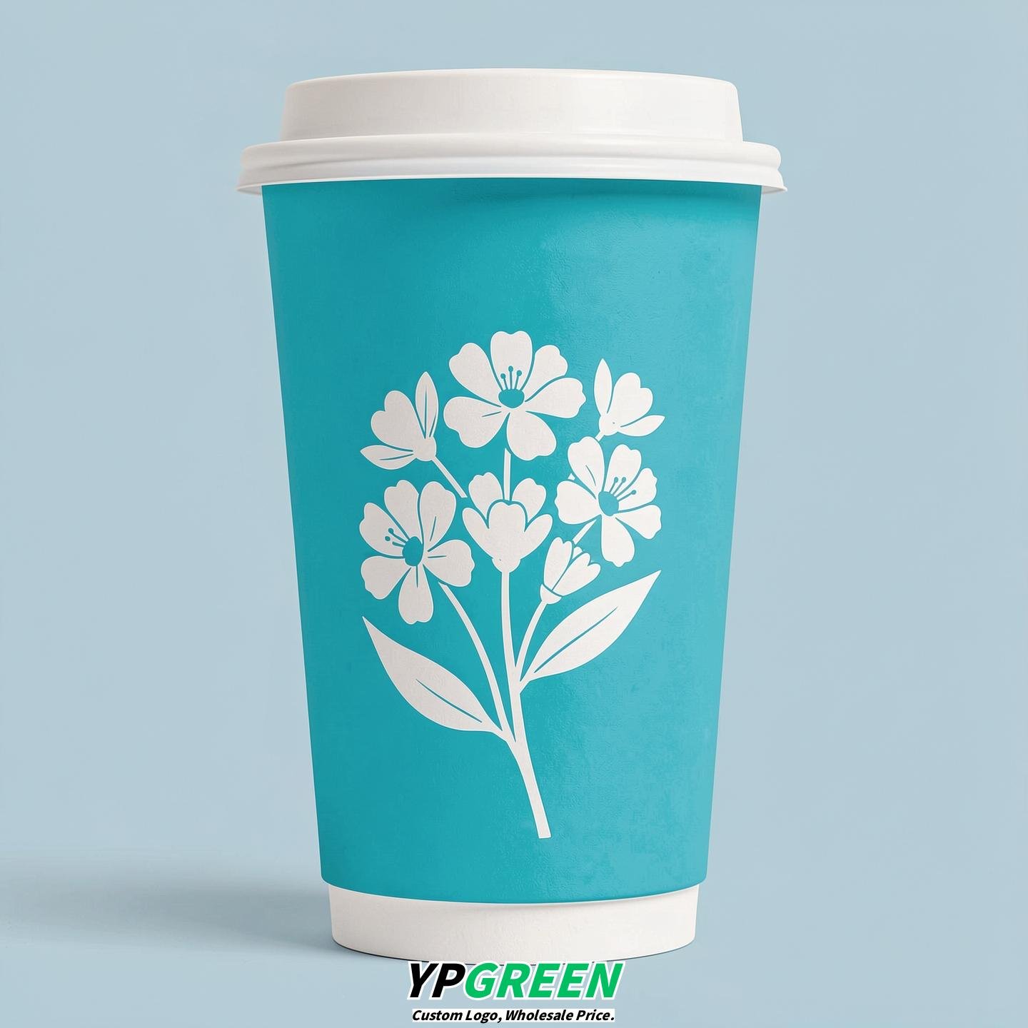 Cyan Floral Paper Cups with Lids 8-24oz