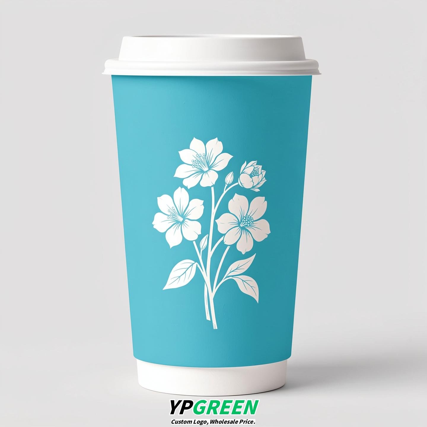 Cyan Floral Paper Cups with Lids 8-24oz