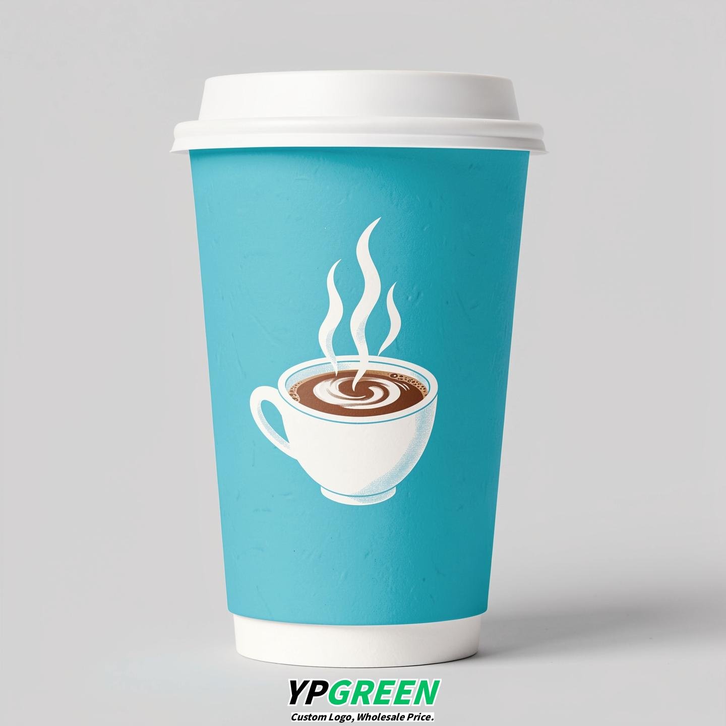 Cyan Hot Coffee Icon Paper Cups - Disposable Steaming Coffee Design