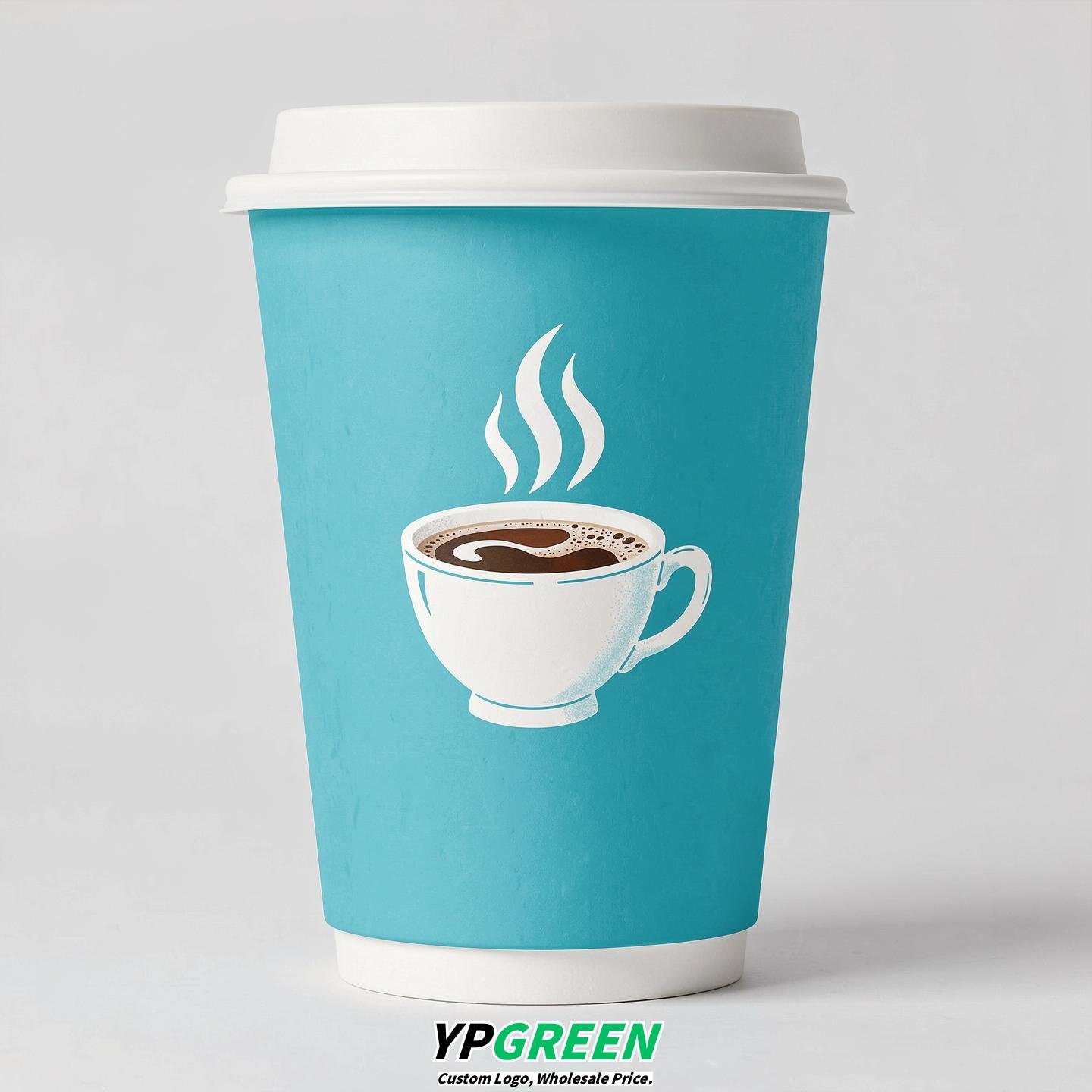 Cyan Hot Coffee Icon Paper Cups - Disposable Steaming Coffee Design