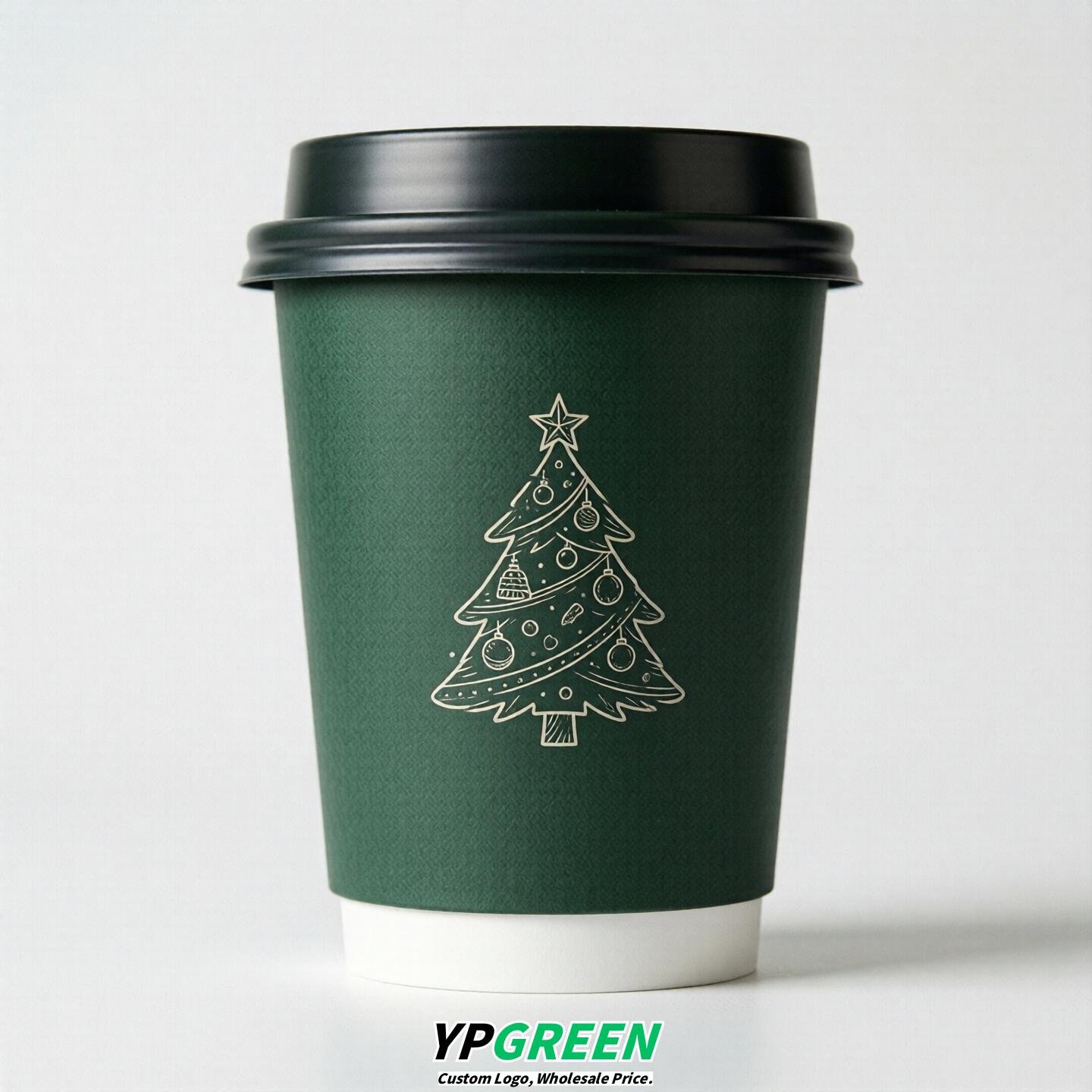 Dark Green Paper Cups with Christmas Design 8-24oz