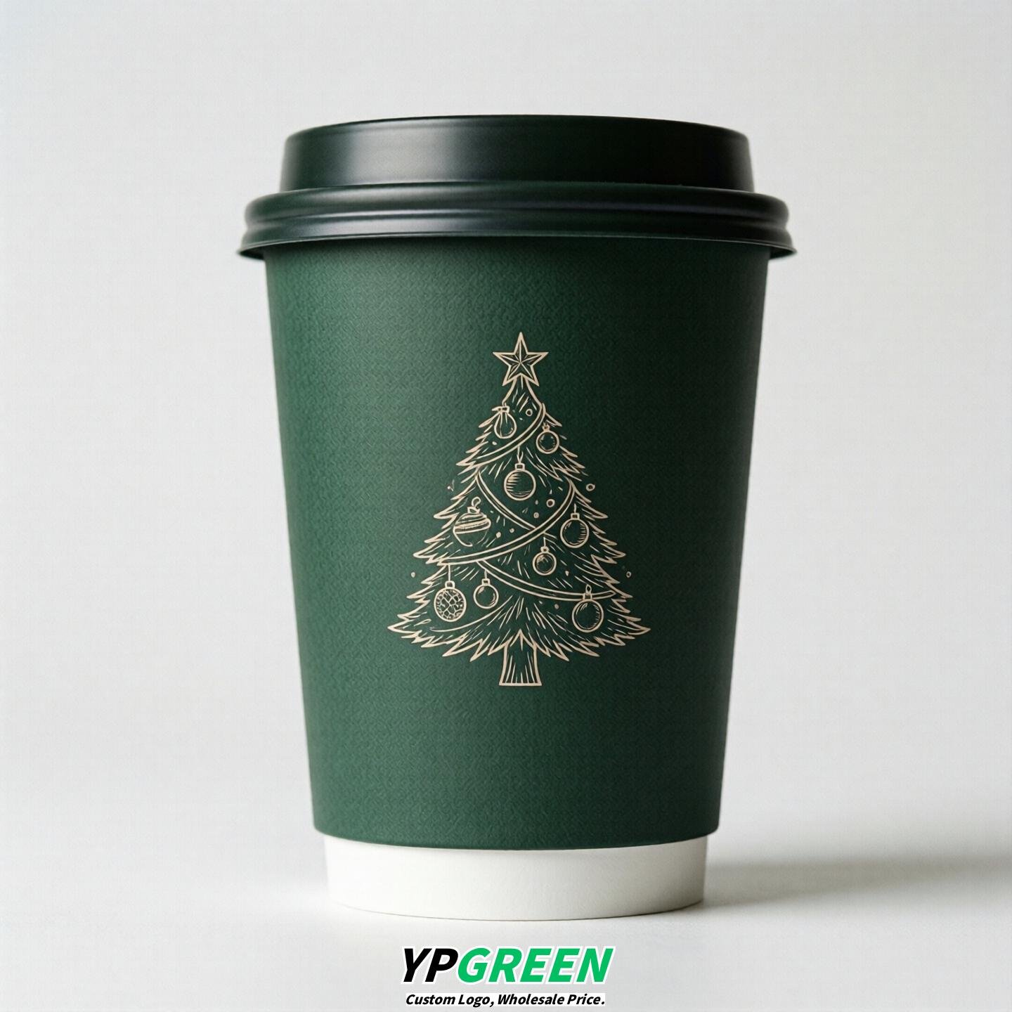 Dark Green Paper Cups with Christmas Design 8-24oz