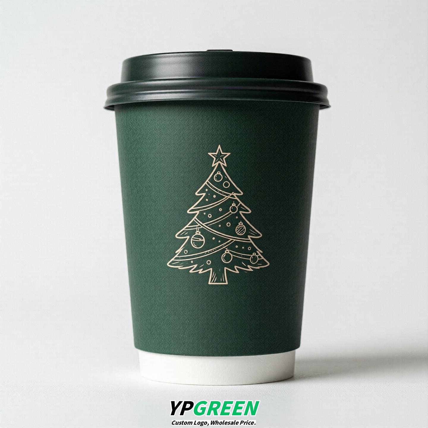 Dark Green Paper Cups with Christmas Design 8-24oz