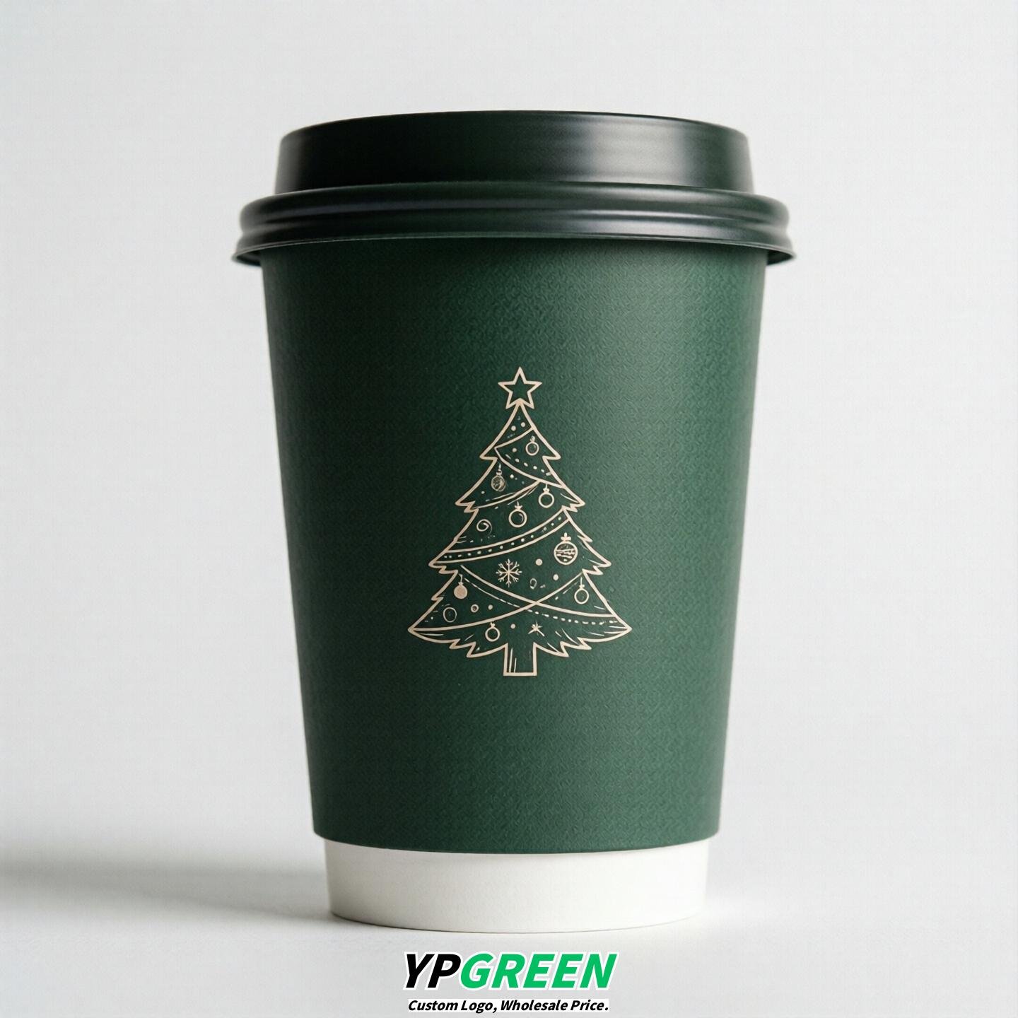 Dark Green Paper Cups with Christmas Design 8-24oz