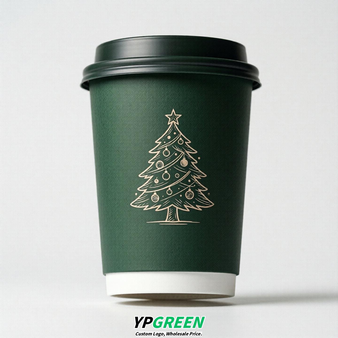 Dark Green Paper Cups with Christmas Design 8-24oz