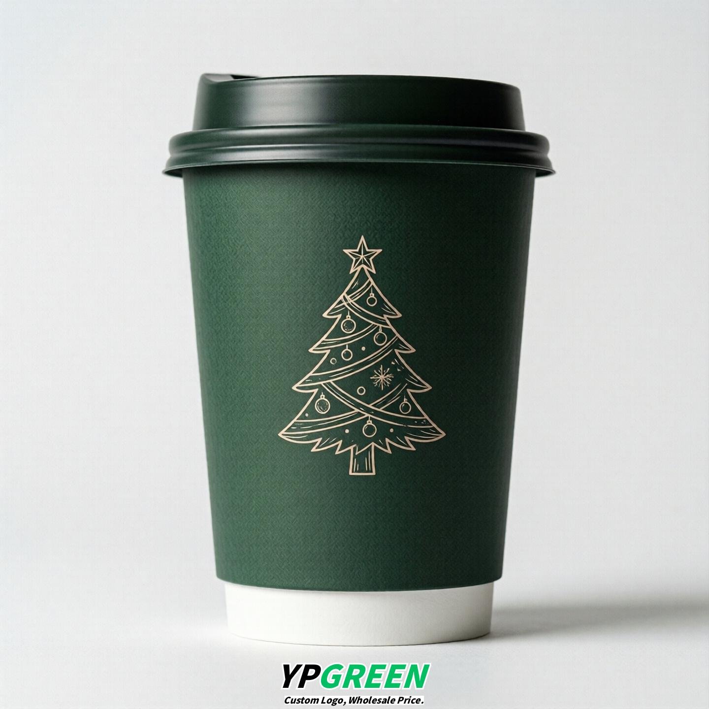 Dark Green Paper Cups with Christmas Design 8-24oz