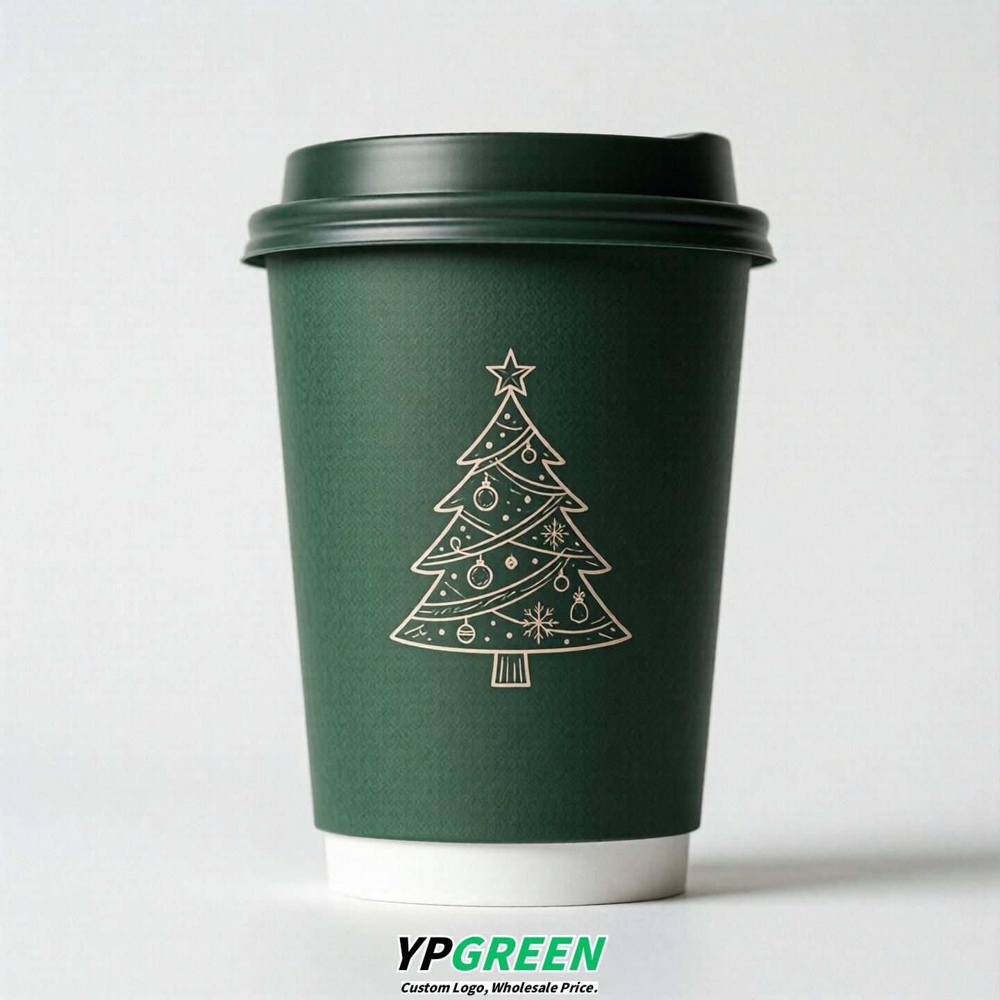 Dark Green Paper Cups with Christmas Design 8-24oz