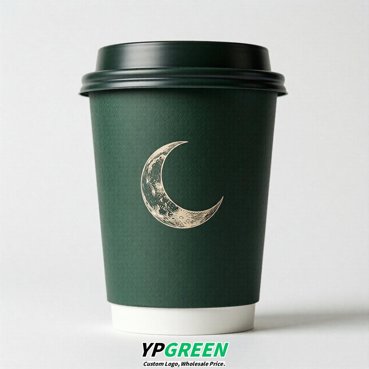 Dark Green Moon Paper Cups with Lids 8-24oz