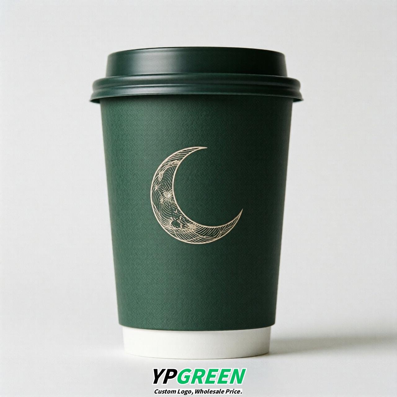 Dark Green Moon Paper Cups with Lids 8-24oz