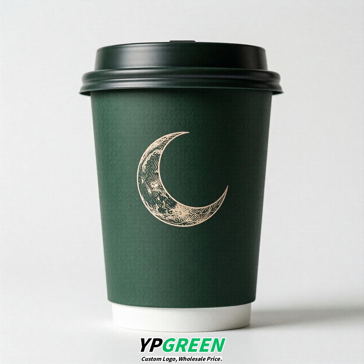 Dark Green Moon Paper Cups with Lids 8-24oz