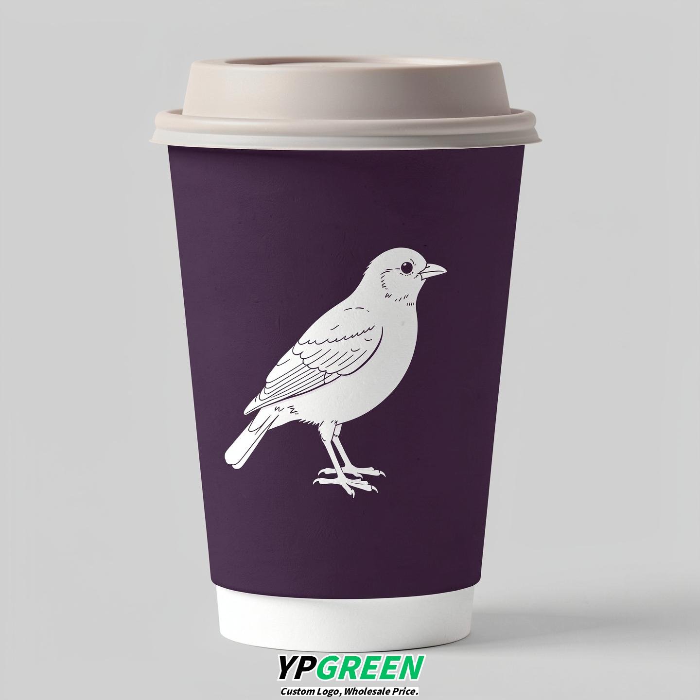 Dark Violet Paper Cups with Bird Logo & Lids 8-24oz