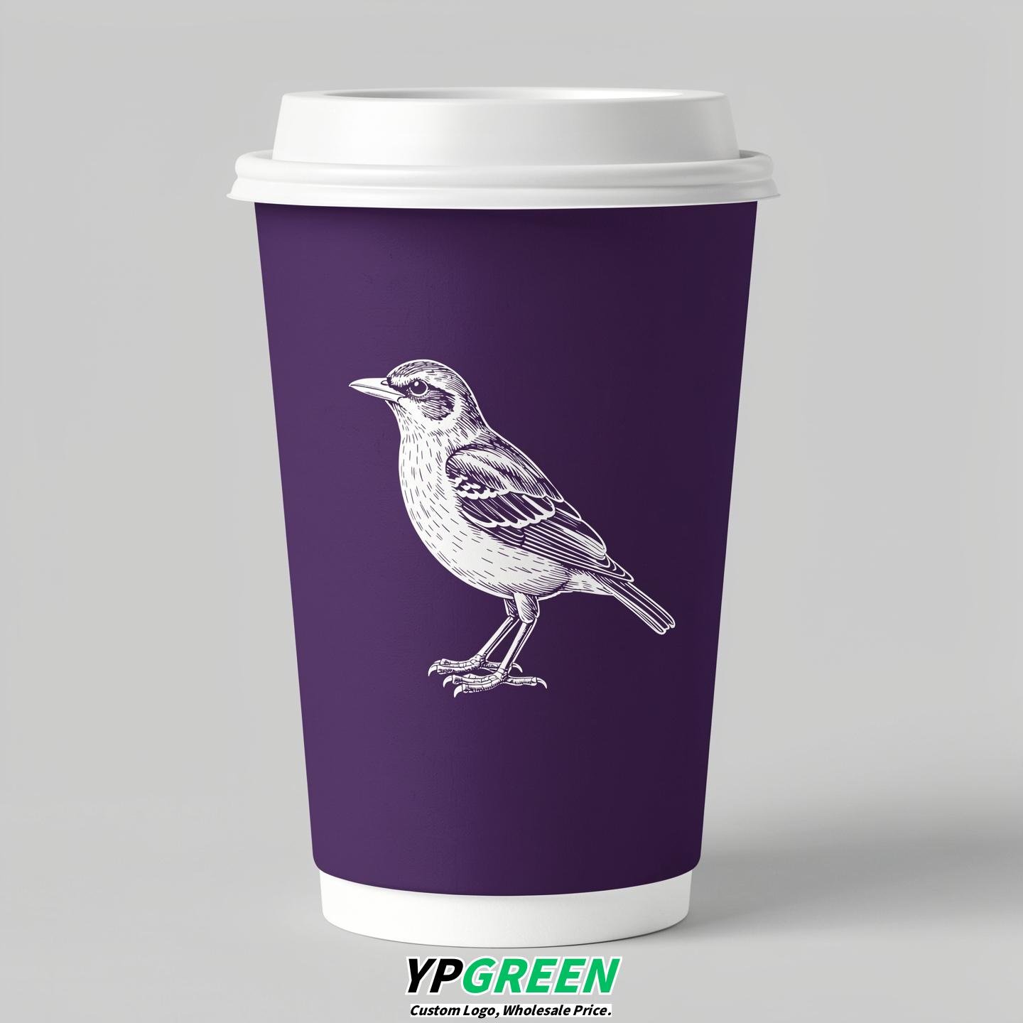 Dark Violet Paper Cups with Bird Logo & Lids 8-24oz