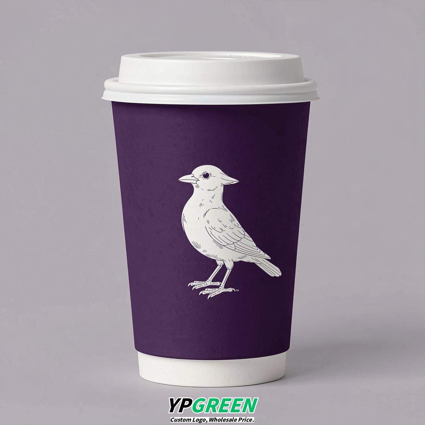 Dark Violet Paper Cups with Bird Logo & Lids 8-24oz