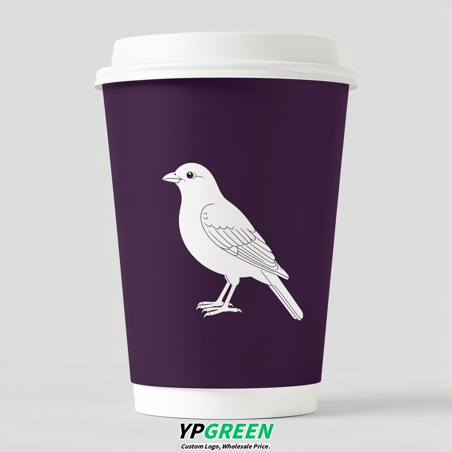 Dark Violet Paper Cups with Bird Logo & Lids 8-24oz