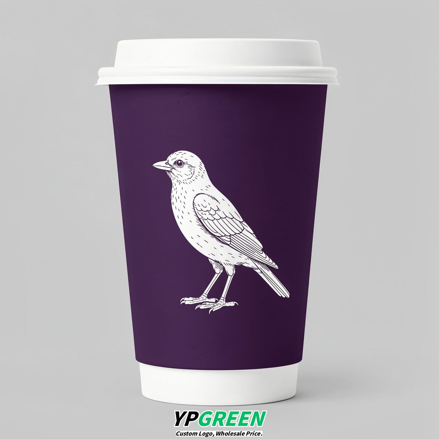 Dark Violet Paper Cups with Bird Logo & Lids 8-24oz