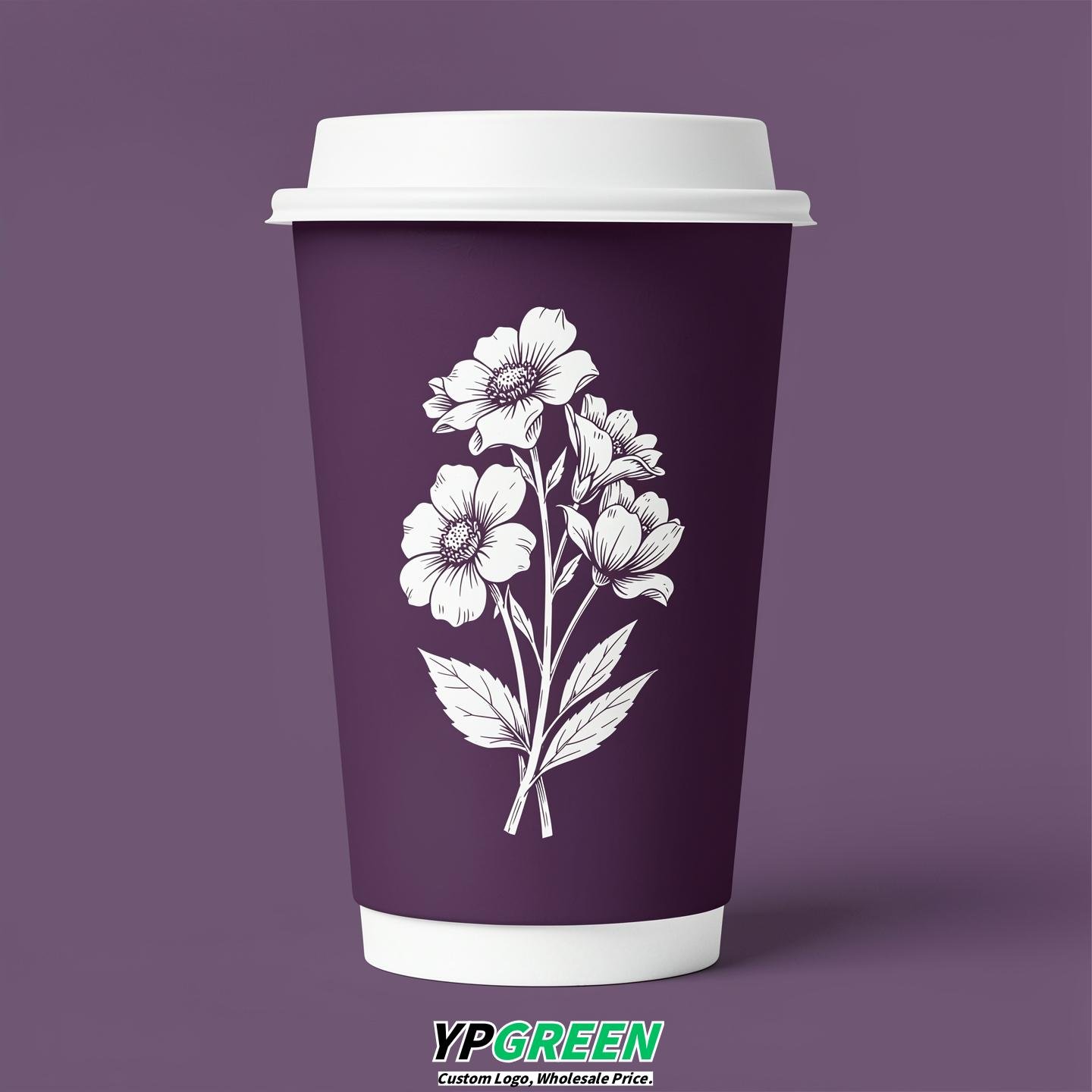 Dark Violet Floral Paper Cups with Lids 8-24oz