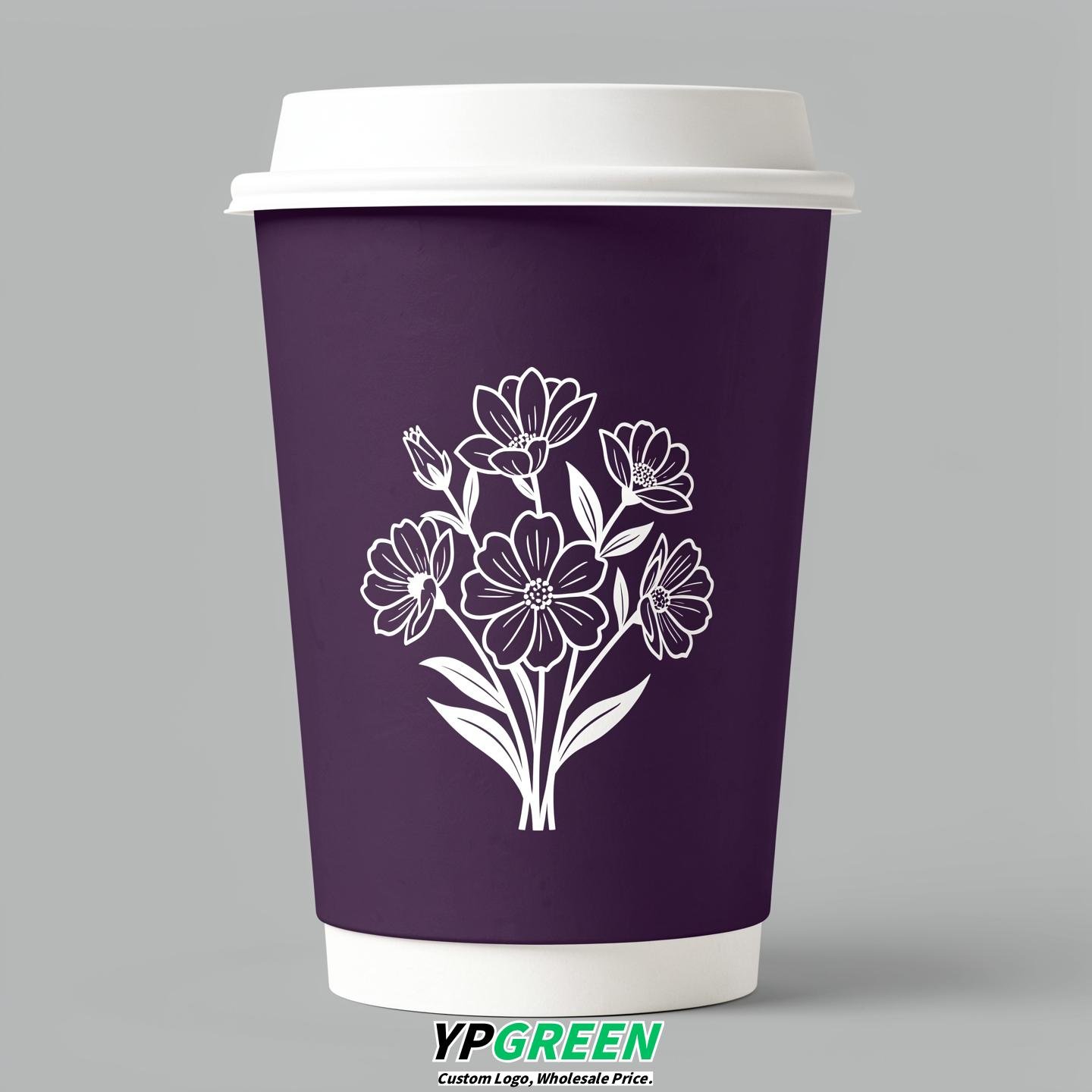 Dark Violet Floral Paper Cups with Lids 8-24oz