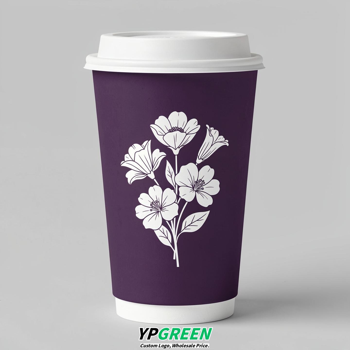 Dark Violet Floral Paper Cups with Lids 8-24oz