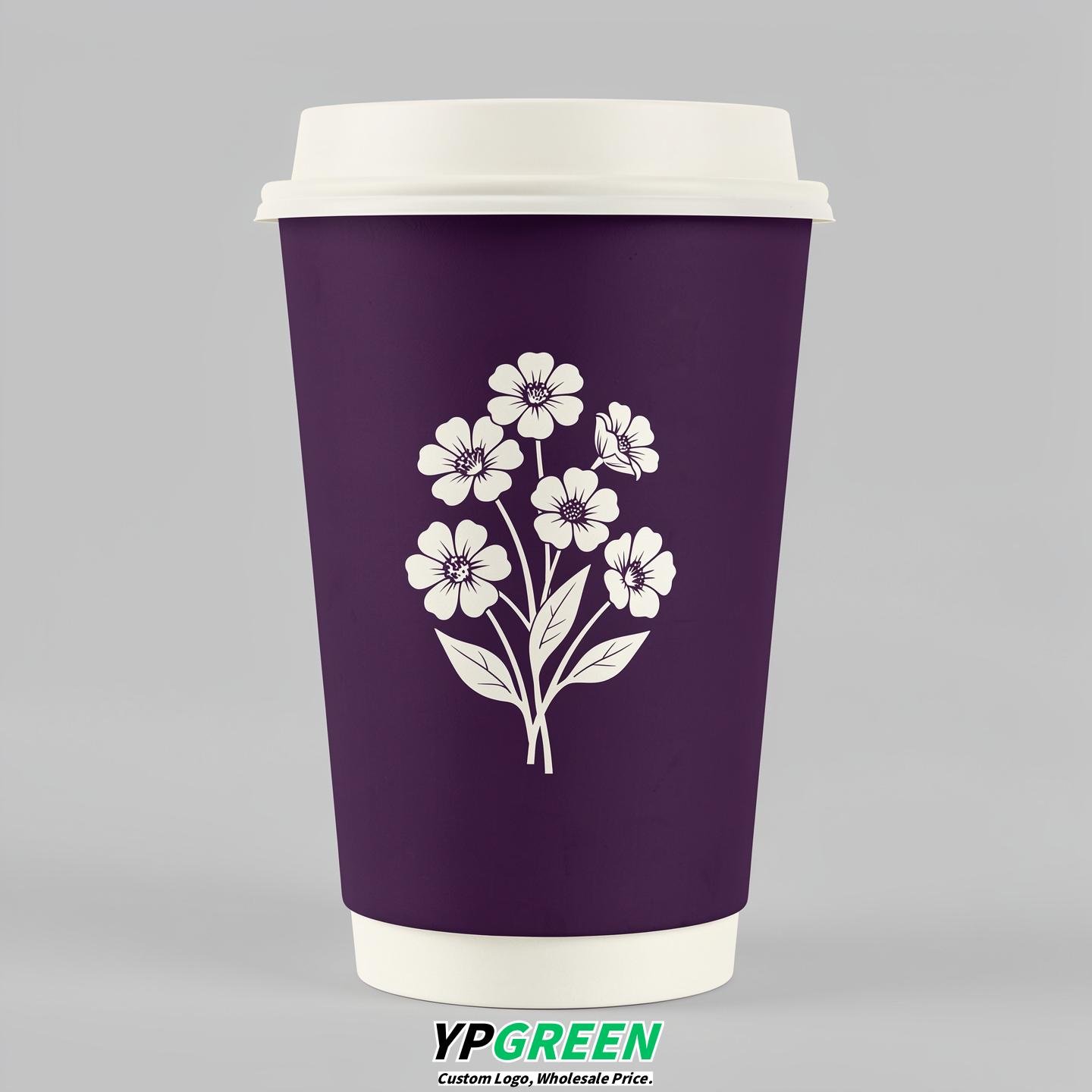 Dark Violet Floral Paper Cups with Lids 8-24oz