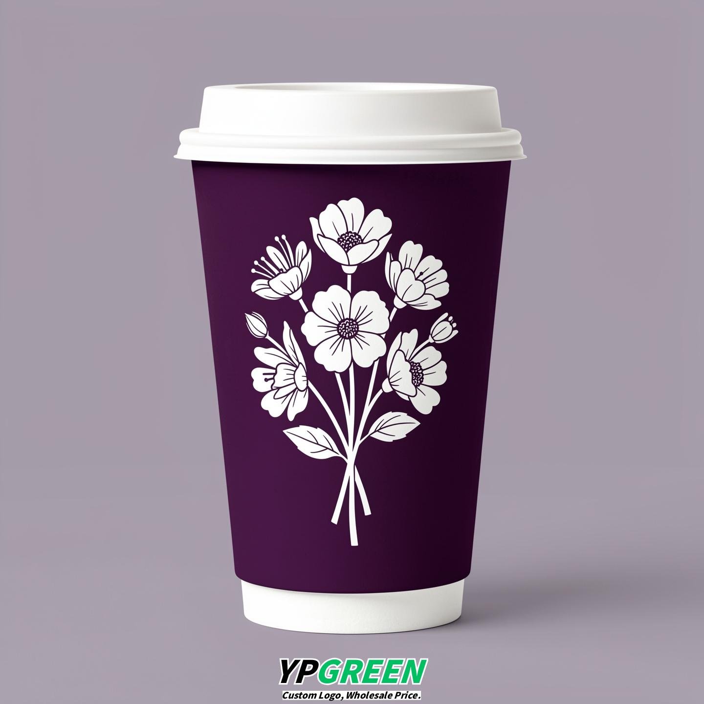 Dark Violet Floral Paper Cups with Lids 8-24oz