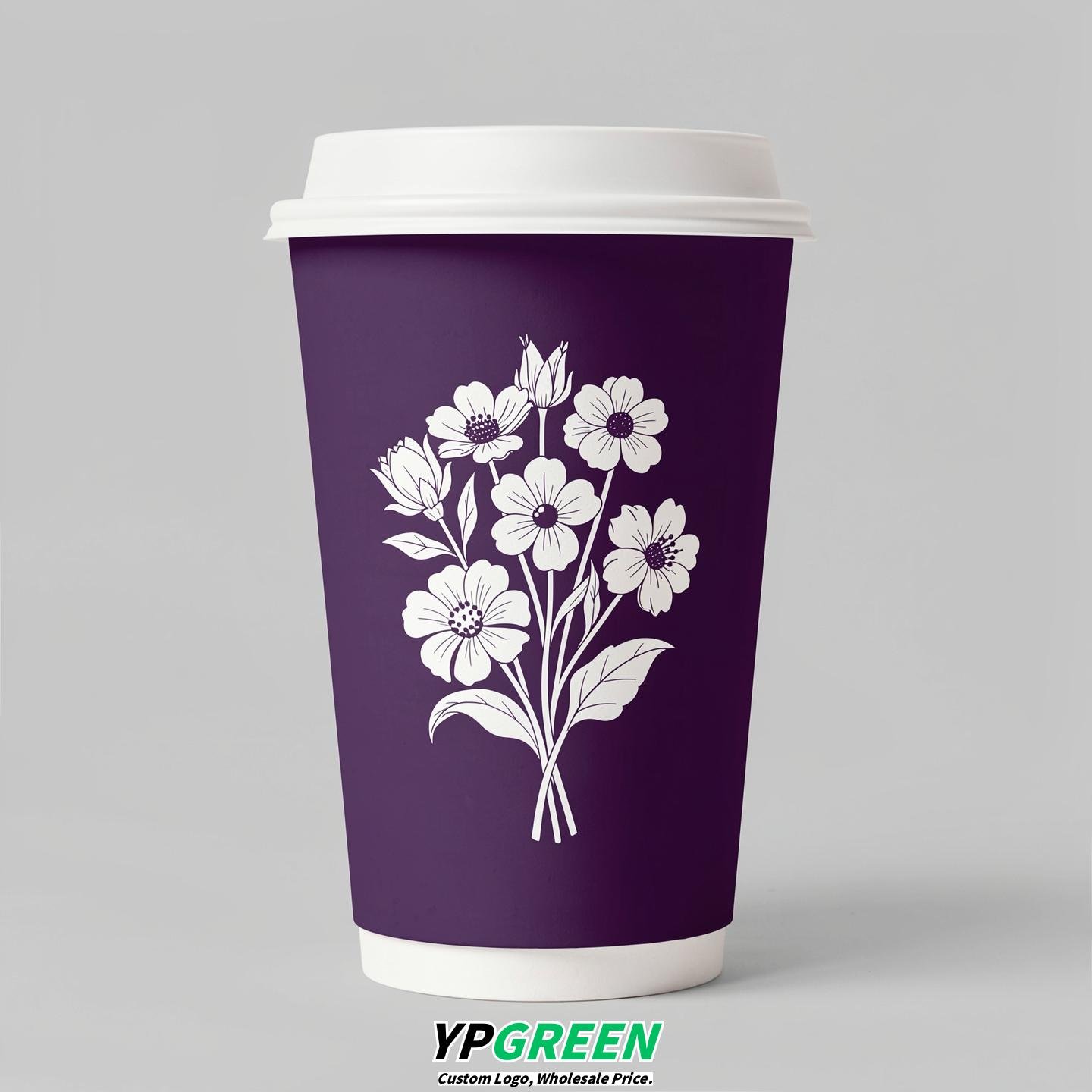 Dark Violet Floral Paper Cups with Lids 8-24oz