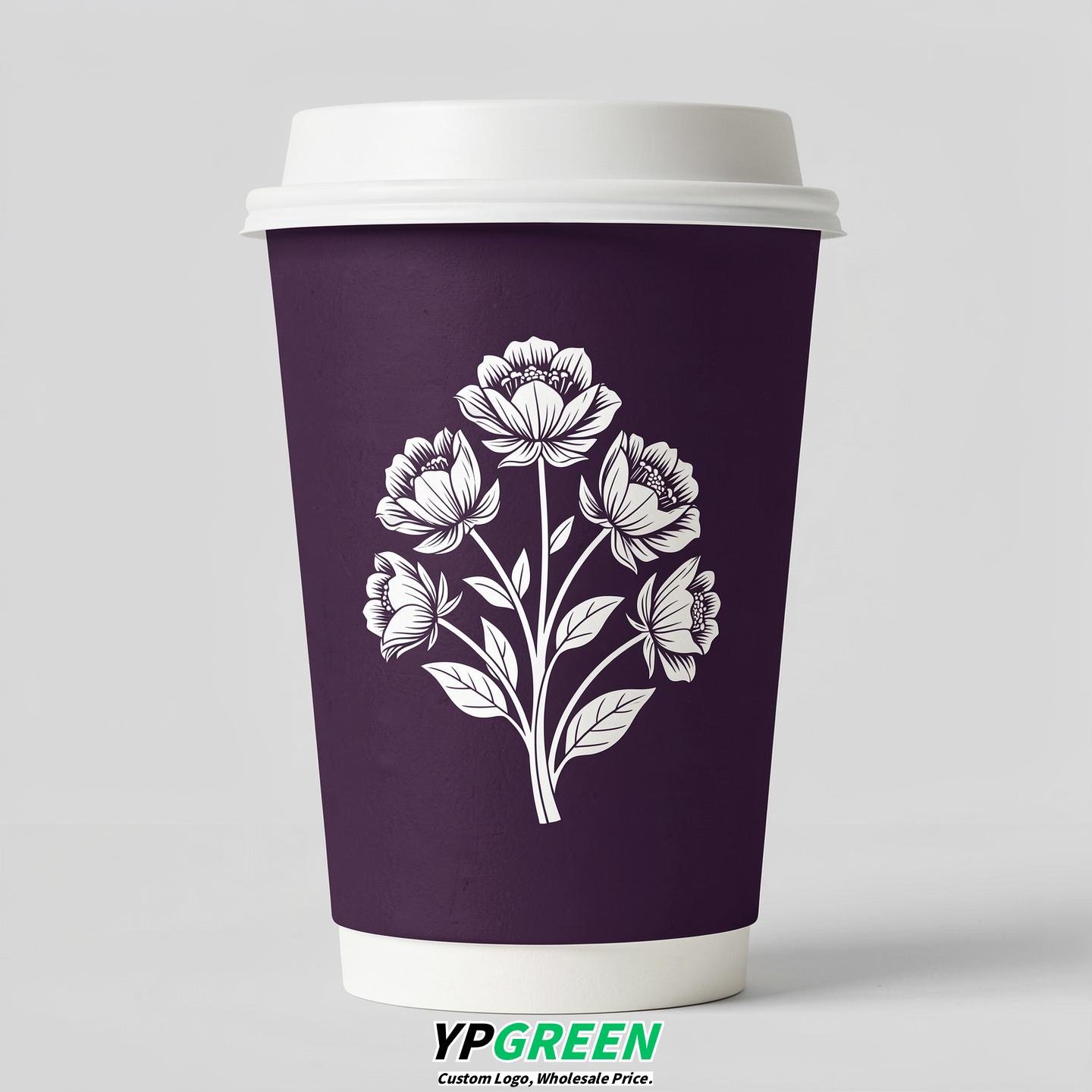 Dark Violet Floral Paper Cups with Lids 8-24oz