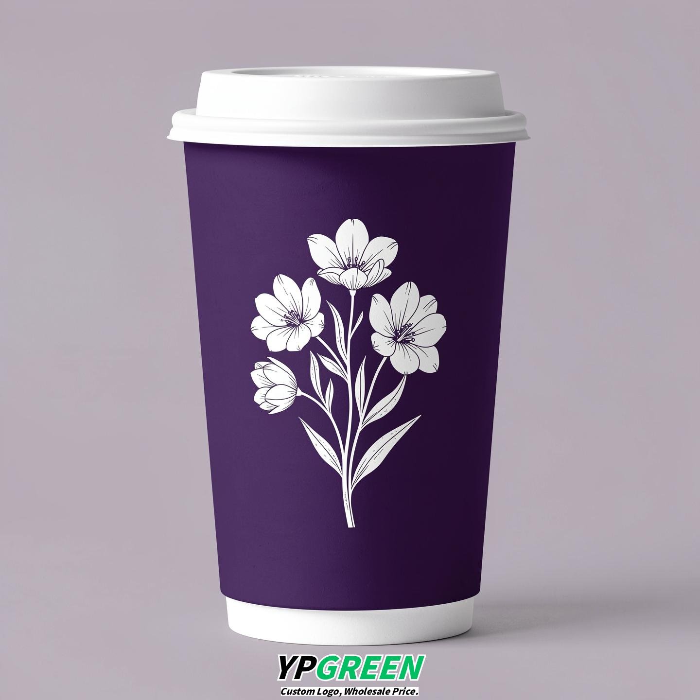 Dark Violet Floral Paper Cups with Lids 8-24oz