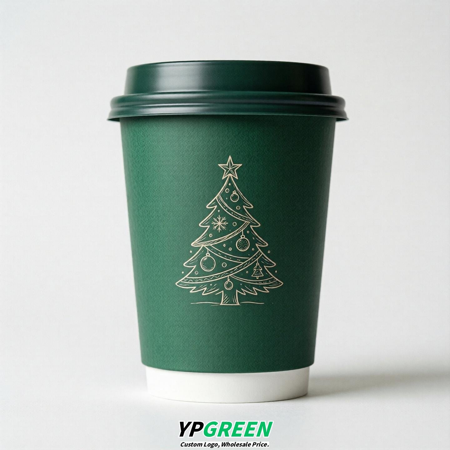 Emerald Green Paper Cups with Christmas Design 8-24oz