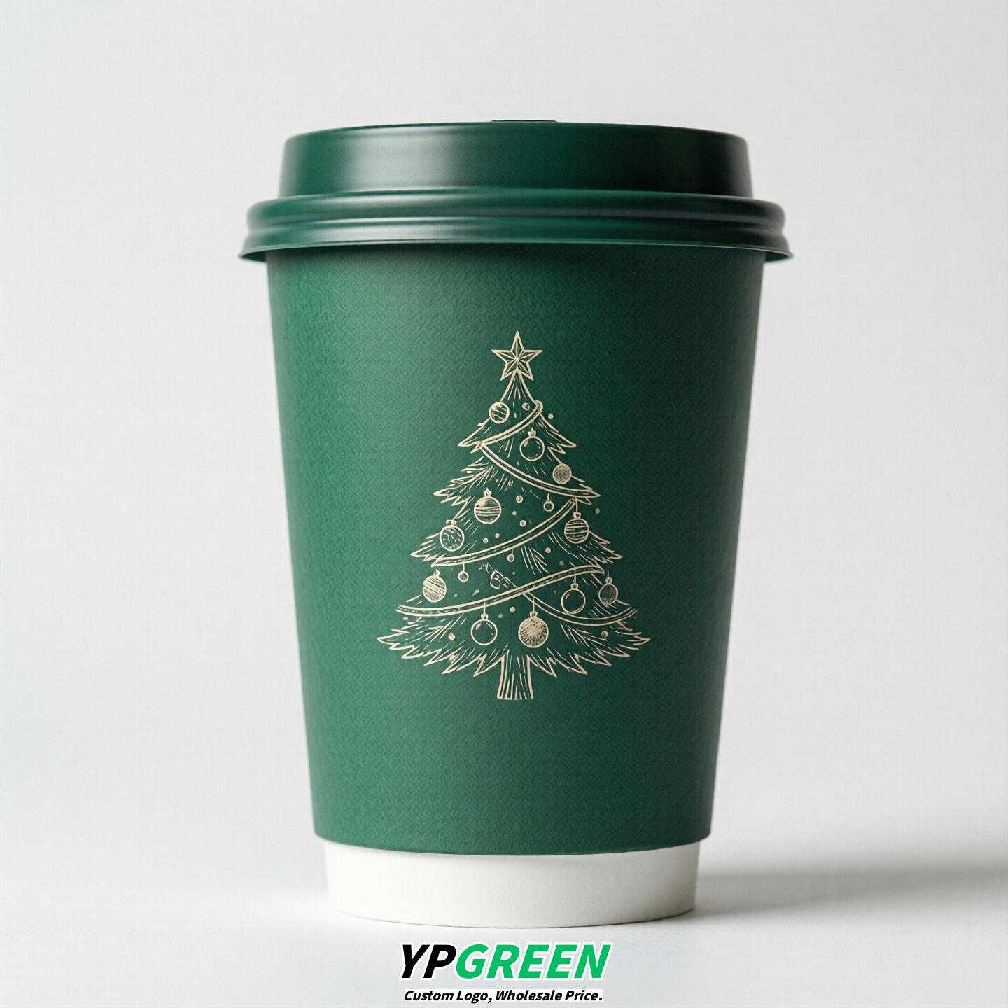 Emerald Green Paper Cups with Christmas Design 8-24oz