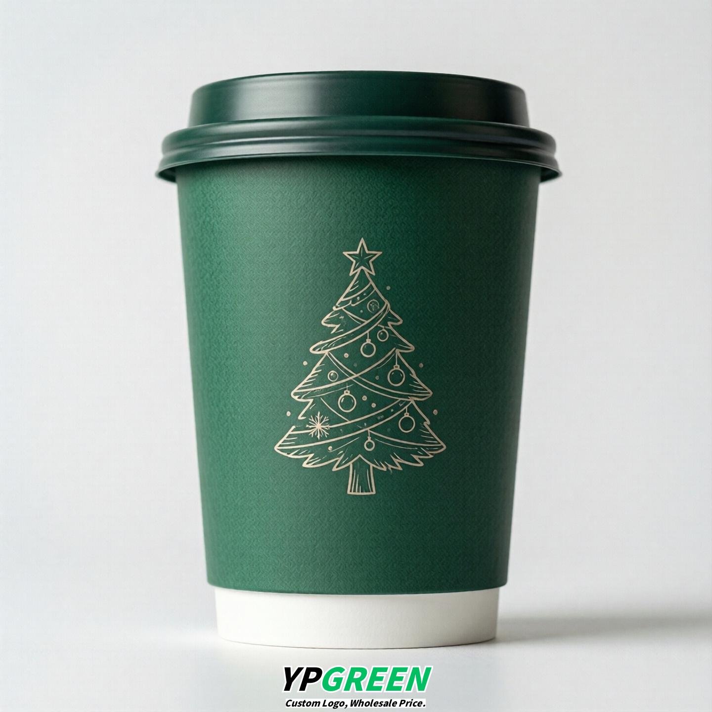 Emerald Green Paper Cups with Christmas Design 8-24oz