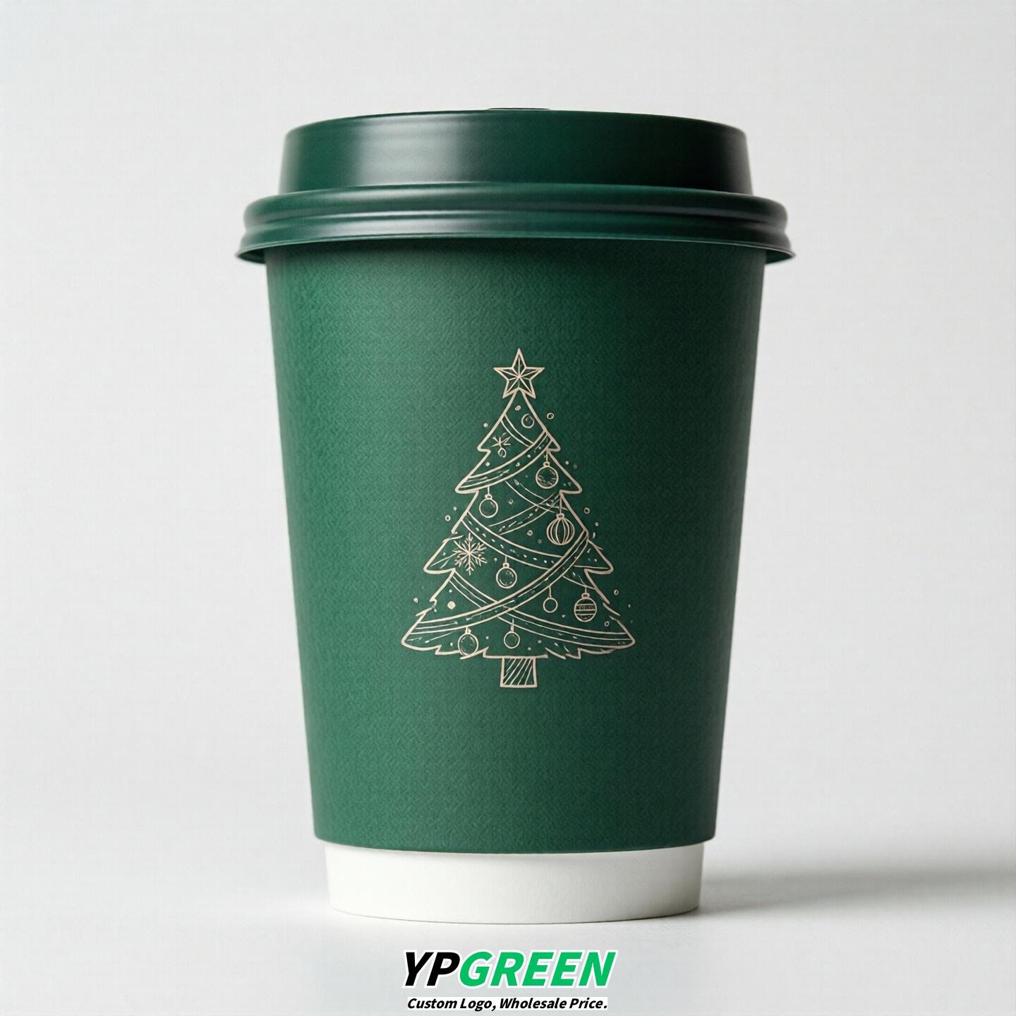 Emerald Green Paper Cups with Christmas Design 8-24oz