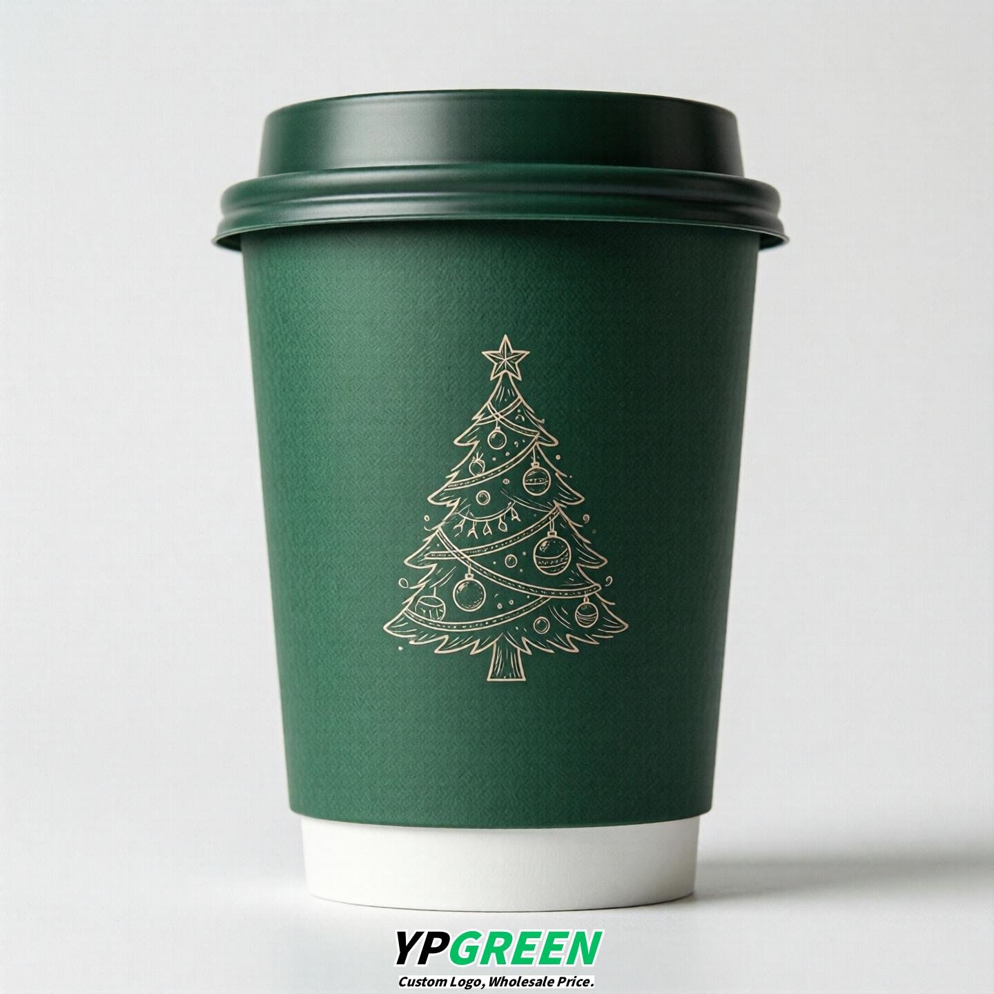 Emerald Green Paper Cups with Christmas Design 8-24oz
