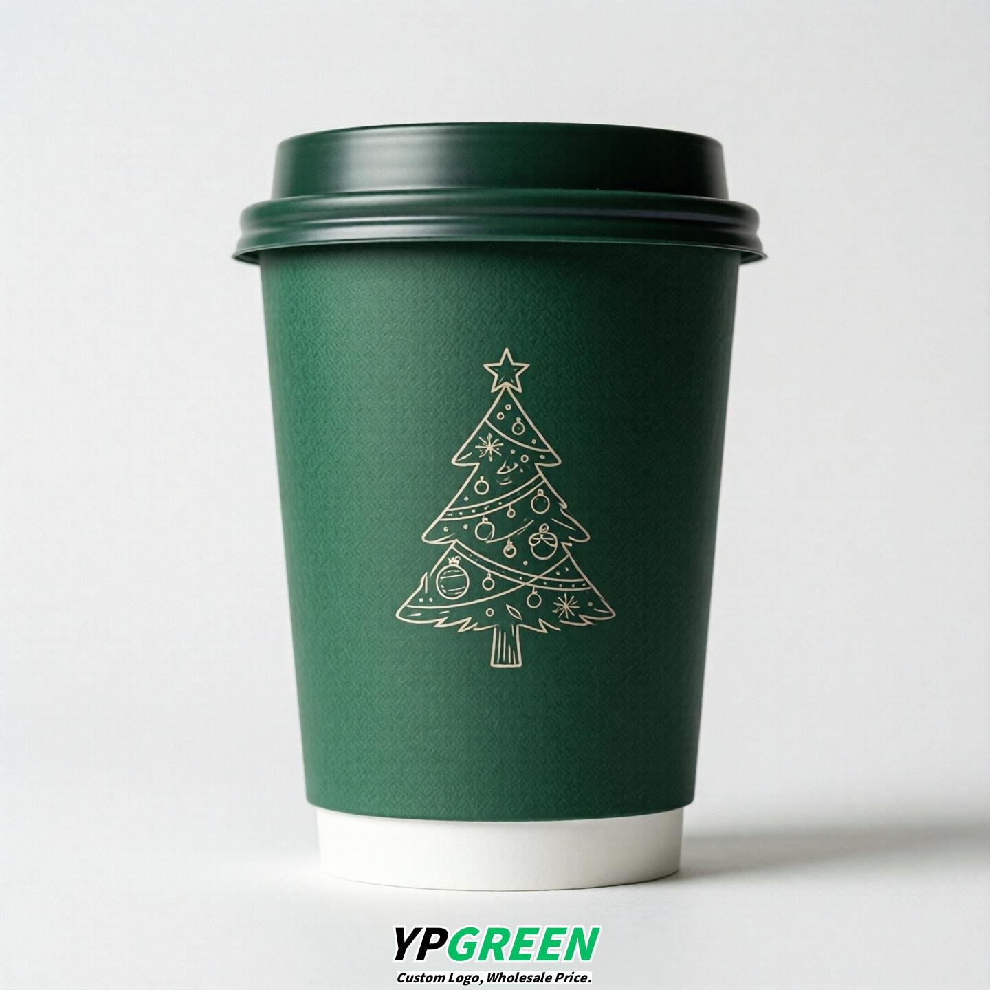 Emerald Green Paper Cups with Christmas Design 8-24oz