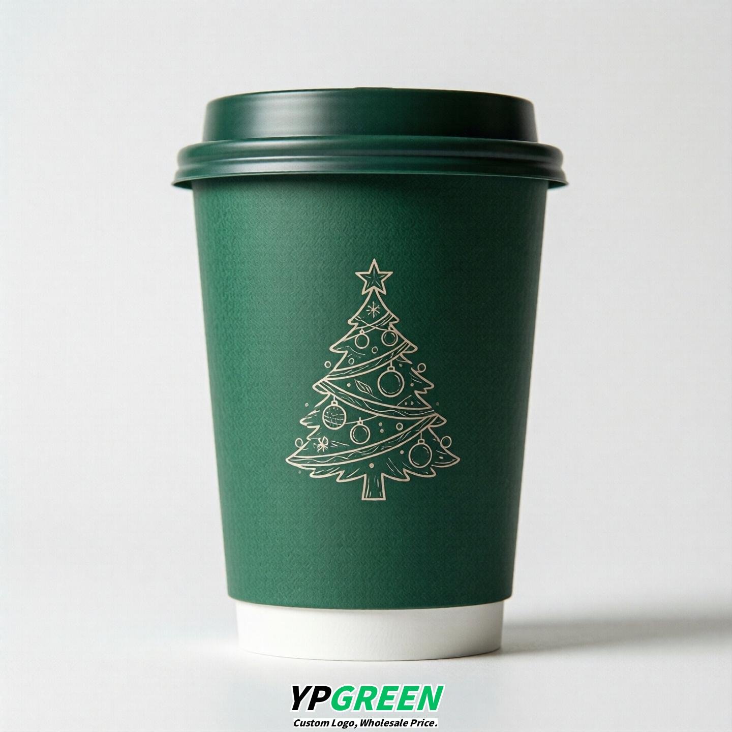 Emerald Green Paper Cups with Christmas Design 8-24oz