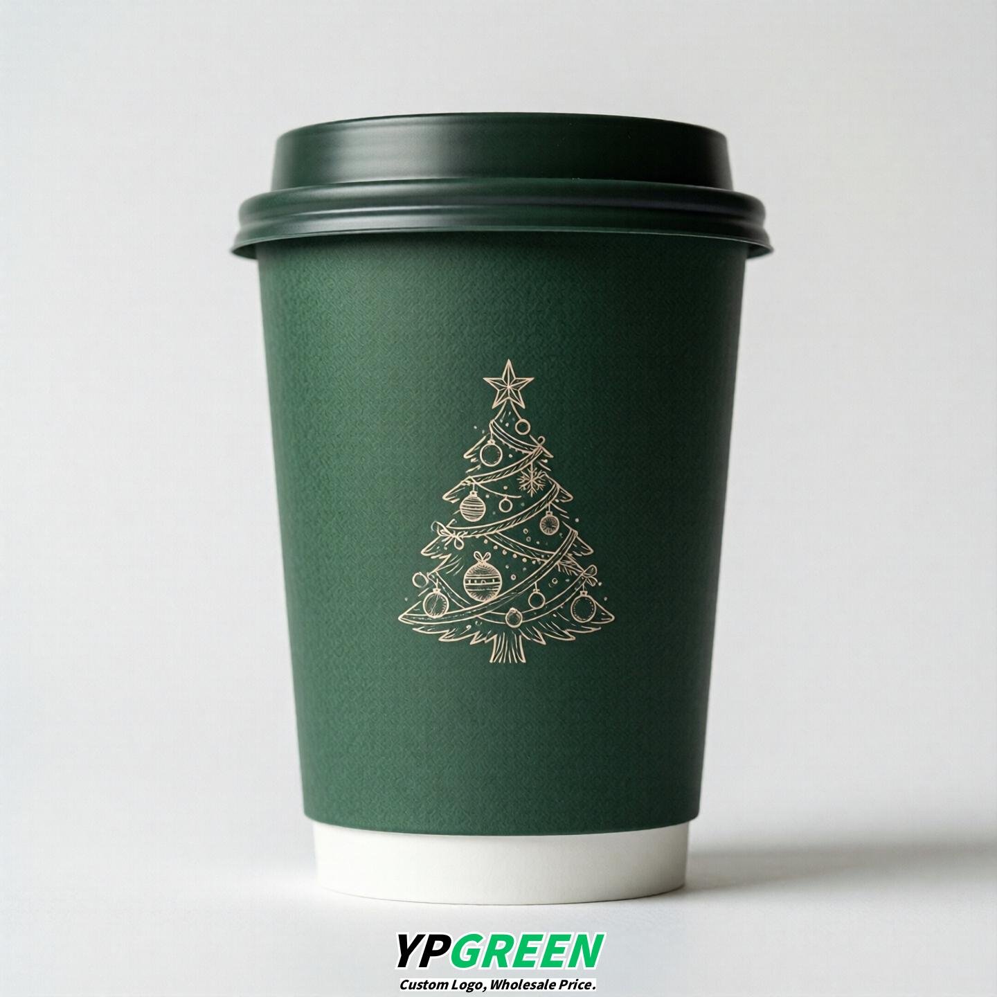 Forest Green Paper Cups with Christmas Design 8-24oz