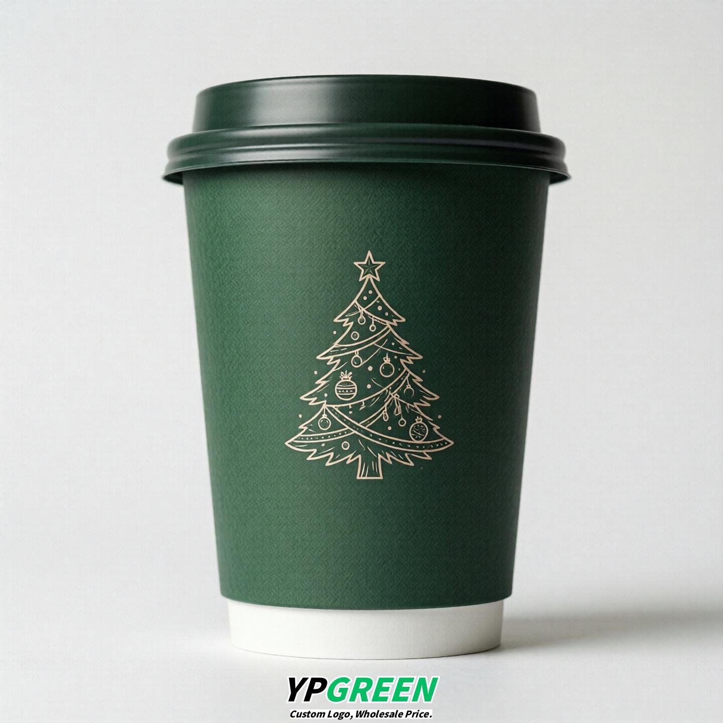 Forest Green Paper Cups with Christmas Design 8-24oz